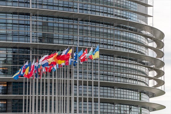 Flags of the European countries in front of the European Parliament in Strasbourg. Bas rhin, Alsace, Grand Est, France, Europe