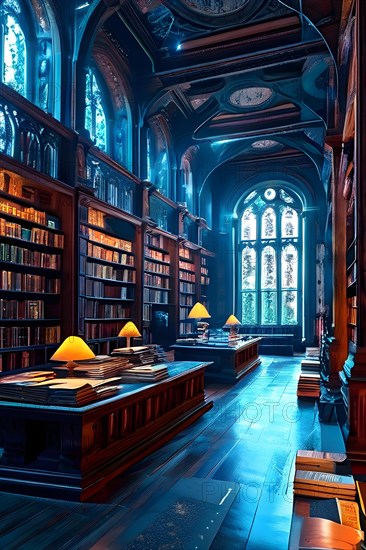 AI generated old library with antique wooden bookshelves