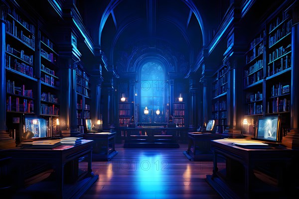 AI generated old library with antique wooden bookshelves