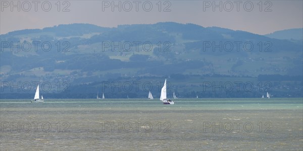 Sailing boats on the turquoise waters of Lake Constance, near Meersburg, Baden-Wuerttemberg, Germany, Europe