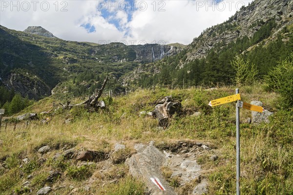 Rear Laggin valley with view of the waterfalls, starting point of the marked mountain hiking trail to the Laggin bivouac, Valais, Switzerland, Europe