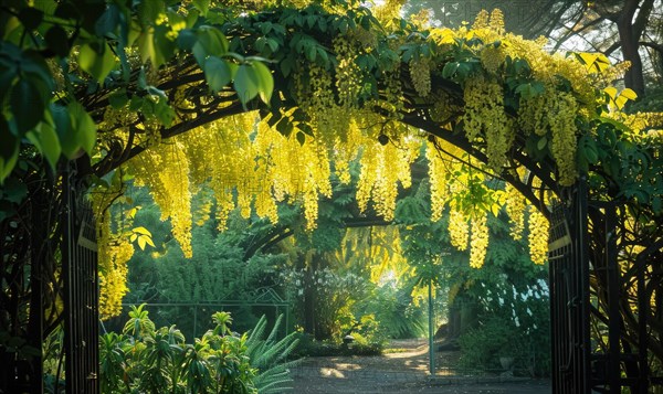 Laburnum tree branches forming an archway over a garden gate AI generated