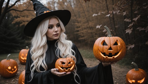 Beautiful young woman in black dress and hat on the background of Halloween pumpkins. ai generative, AI generated