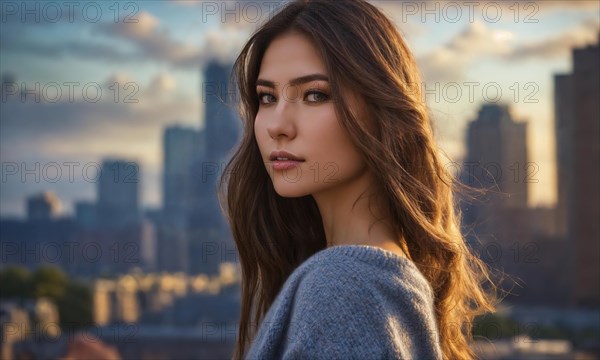 Portrait of a beautiful young woman in the city at sunset. ai generative, AI generated