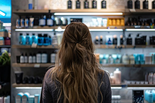 Young woman standing in front of shelves with cosmetic and makeup products in store. KI generiert, generiert, AI generated