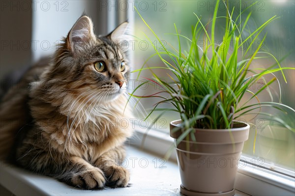 Cat with potted grass 'Cyperus Zumula' used for cats to help them throw up hair balls. KI generiert, generiert, AI generated