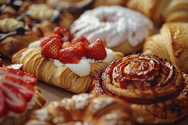 Close up of different baked pastries. KI generiert, generiert, AI generated