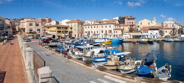 Colourful boats in the harbour, panoramic view, Maddalena, Isola La Maddalena, Sardinia, Italy, Europe