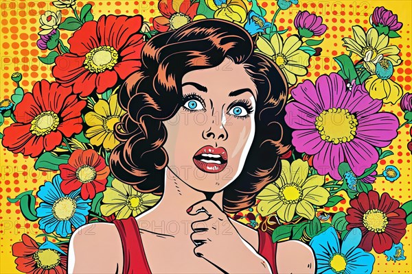 Thoughtful woman in pop art style in front of a background with colourful flowers and yellow dots, AI generated, AI generated