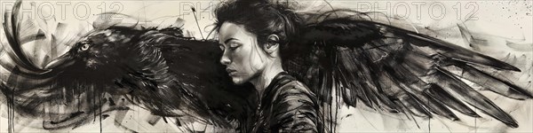 Sketch-like depiction of a woman uniting with a raven in flight, raven woman, banner, AI generated, AI generated