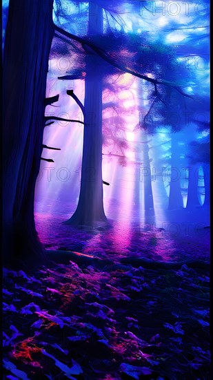 AI generated ethereal mystical forest scene with digital glow effects