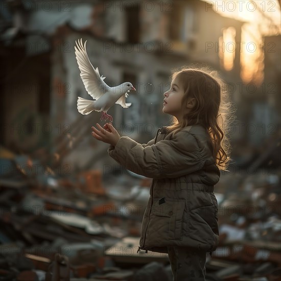 A girl in a winter jacket holds a pigeon in a destroyed neighbourhood, Destroyed houses, War, Dove of peace, AI generated