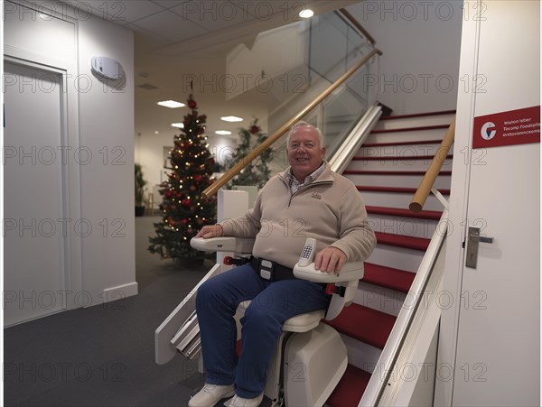 A pensioner rides a stair lift up a flight of stairs, AI generated