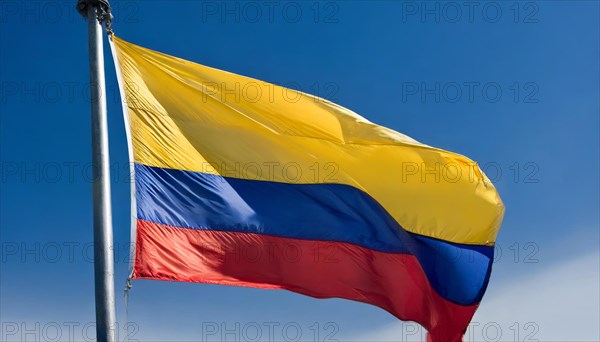 The flag of Colombia flutters in the wind, isolated against a blue sky