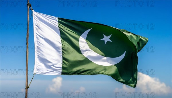 The flag of Pakistan flutters in the wind, isolated against a blue sky