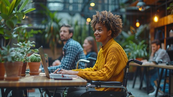 A woman in a wheelchair remote working on her laptop at a cafe, surrounded by indoor plants and natural light, AI generated