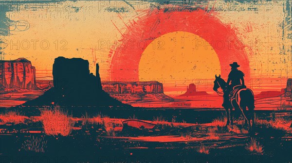 Western scene with cowboy riding towards a vivid, red sky sunset in a quiet desert, ai generated, AI generated