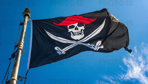 The pirate flag flutters in the wind, isolated against the blue sky