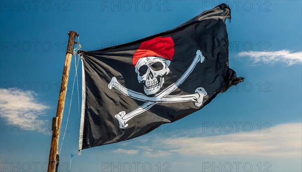 The pirate flag flutters in the wind, isolated against the blue sky