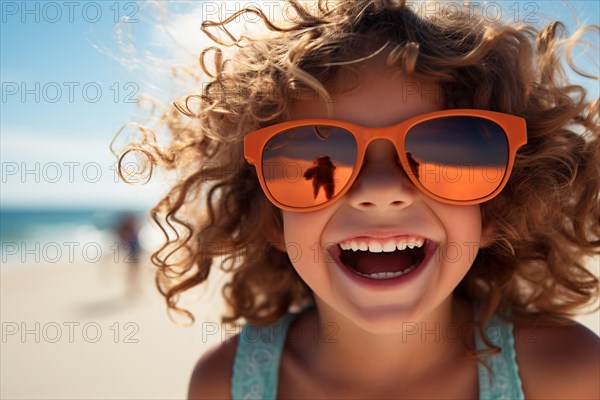 Laughing happy child with sunglasses at beach. KI generiert, generiert, AI generated