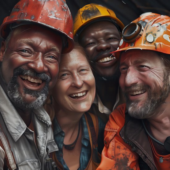 Cheerful workers share a moment of joy on the construction site, group photo with international employees and colleagues, AI generated