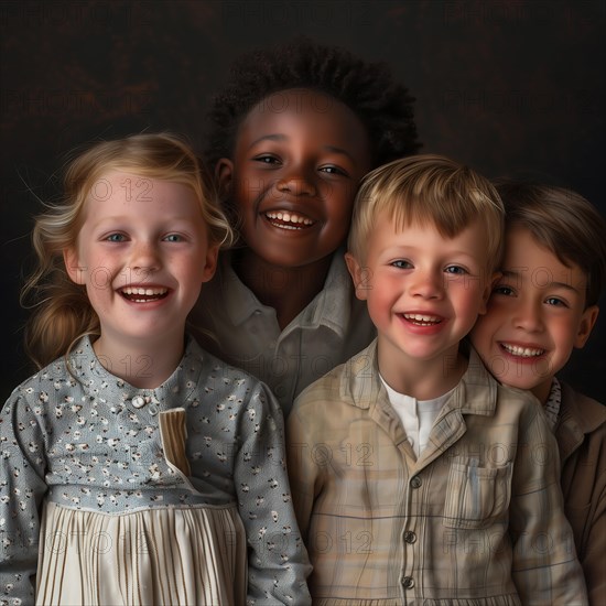 Four smiling children in bright outfits, radiating joy and light-heartedness, group picture with laughing children of different nationalities and cultures, KI generated, AI generated