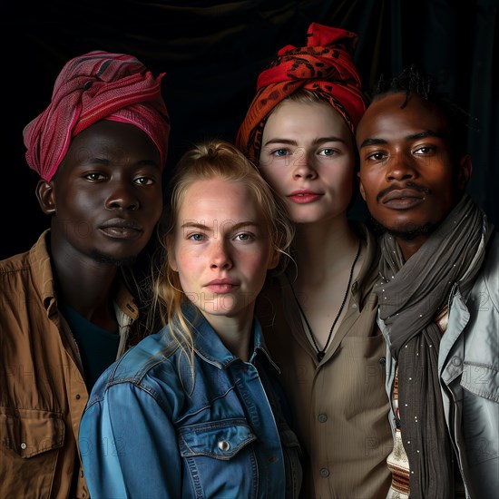 Four serious looking young people with coloured headscarves stand together for a group portrait, group picture with people in work clothes of different nationalities and cultures, KI generated, AI generated