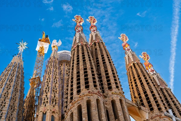 Towers of the Sagrada Familia basilica under construction, Roman Catholic basilica by Antoni Gaudi in Barcelona, Spain, Europe