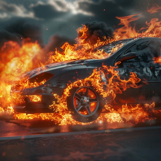 A sporty car is surrounded by intense flames that create dynamics and a gloomy atmosphere, AI generated