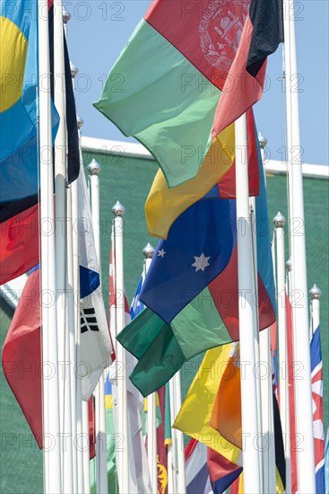 Many flags in front of the United Nations Conference Centre, Bangkok, Thailand, Asia