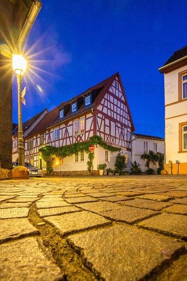 View of an old town, half-timbered houses and streets in a town. Seligenstadt am Main, Hesse Germany