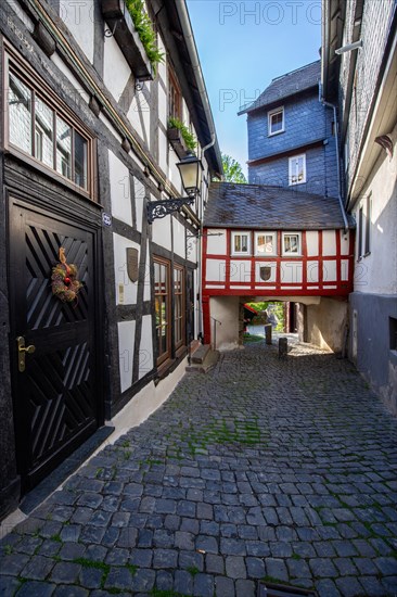 Old half-timbered houses in a town. Streets and buildings in the morning in Wetzlar, Hesse Germany