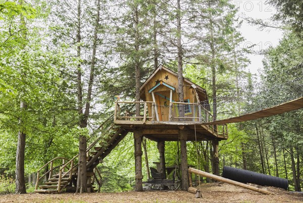 Children's playground and fancy tree house with half log stairs and elevated walkway in residential backyard in spring, Quebec, Canada, North America