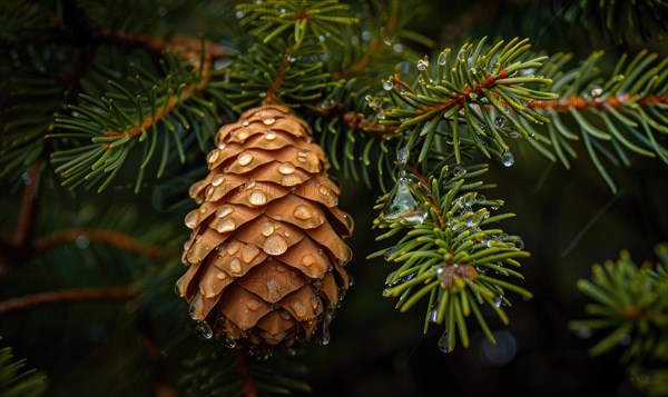 Close-up of a cedar cone nestled among the branches AI generated