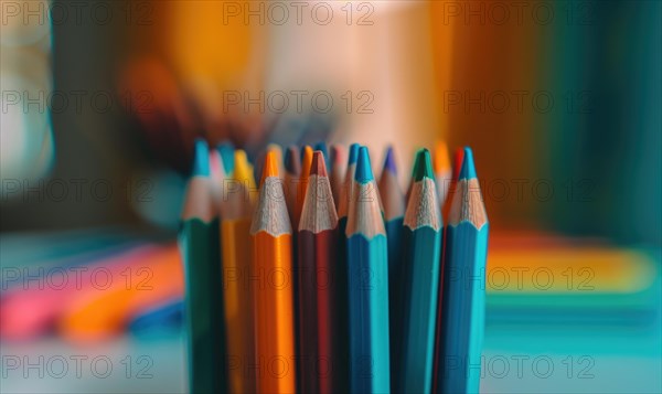 Close-up of a bunch of colored pencils, abstract background with colored pencils macro view AI generated