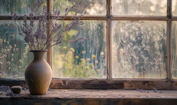 A vintage window sill with a ceramic vase containing lavender flower AI generated