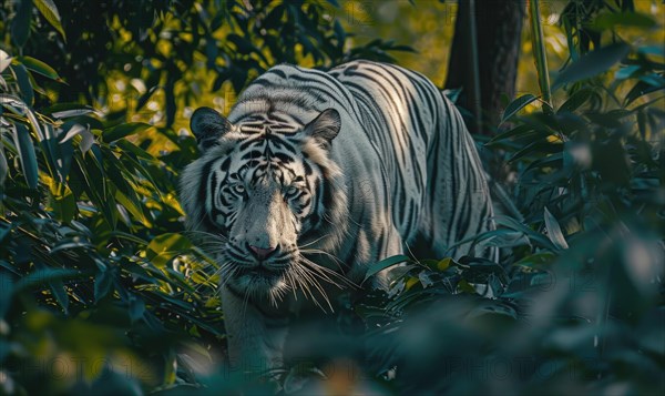 A white tiger prowling through the dense foliage of its natural habitat AI generated