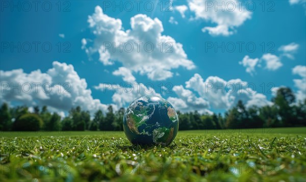 An Earth globe on a grassy meadow with bright blue sky as the backdrop AI generated