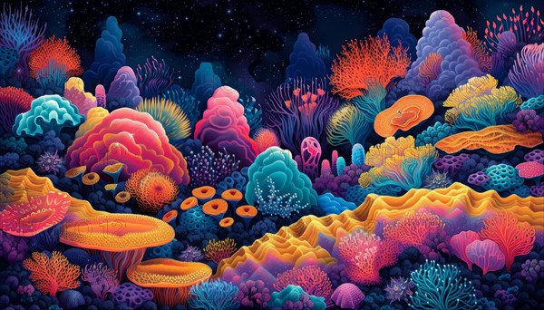 Artistic rendering of a vibrant underwater coral reef scene in neon colors, AI Generated, AI generated