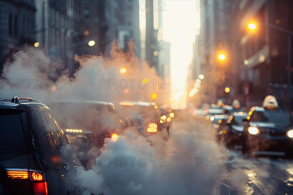 City street full of smoke caused by car exhaust gas, KI generiert, generiert, AI generated