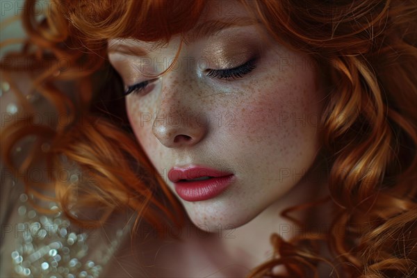Face of beautiful woman with freckles, red hair and closed eyes. KI generiert, generiert, AI generated