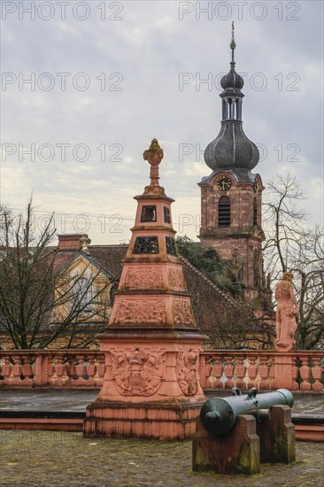 Court of honour baroque three-winged complex Rastatt Palace, former residence of the Margraves of Baden-Baden, Church of St. Alexander, Rastatt, Baden-Wuerttemberg, Germany, Europe