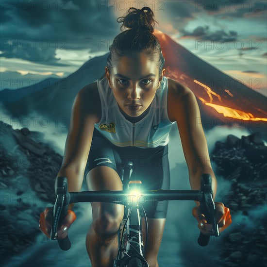 Cyclist in front of the backdrop of an active volcano, the twilight intensifies the dramatic scene, AI generated