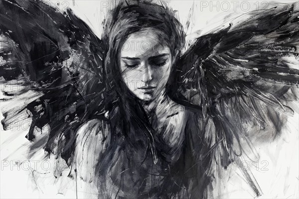 Image of a young woman with a raven, both surrounded by darkness and light, AI generated, AI generated