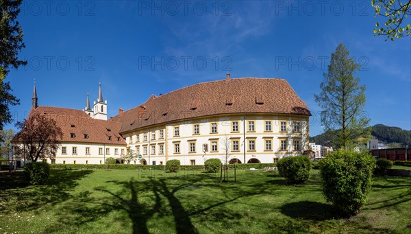 Goess Abbey, collegiate church, former monastery of the Benedictine nuns, panoramic view, Leoben, Styria, Austria, Europe