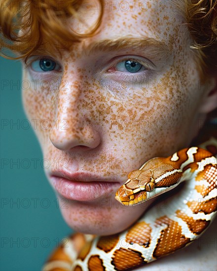 Portraying a compelling interaction, a caucasian male person with freckles holds a snake around the neck, blurry teal turquoise solid background, beauty product studio ligh, fashion artsy make up, high concept potraiture, AI generated