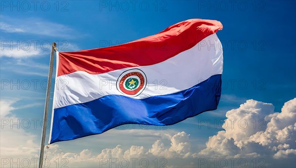 The flag of Paraguay flutters in the wind, isolated against a blue sky