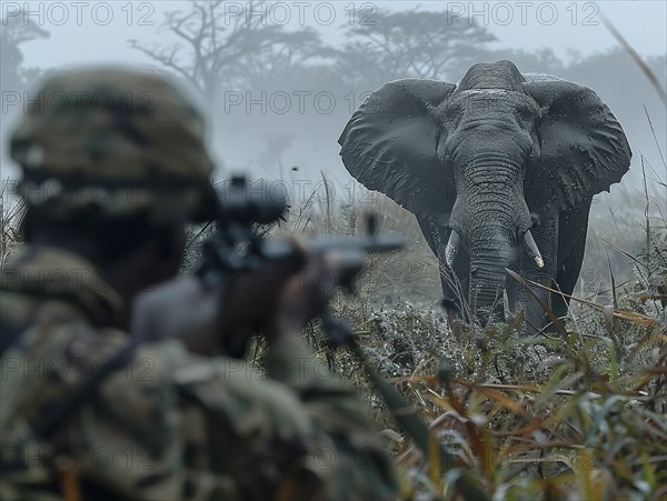 Elephant hunting in Africa, AI generated