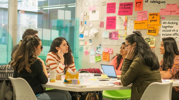 Relaxed office meeting with a team planning and collaborating surrounded by post-it notes, AI generated