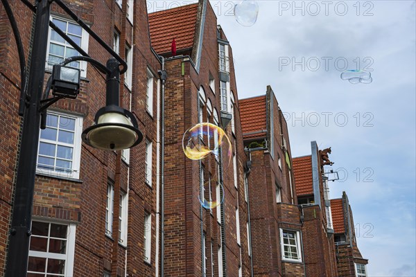 Shimmering soap bubbles rise into the sky in front of Rostock University on Universitaetsplatz, historic old town of Rostock, Mecklenburg-Vorpommern, Germany, Europe